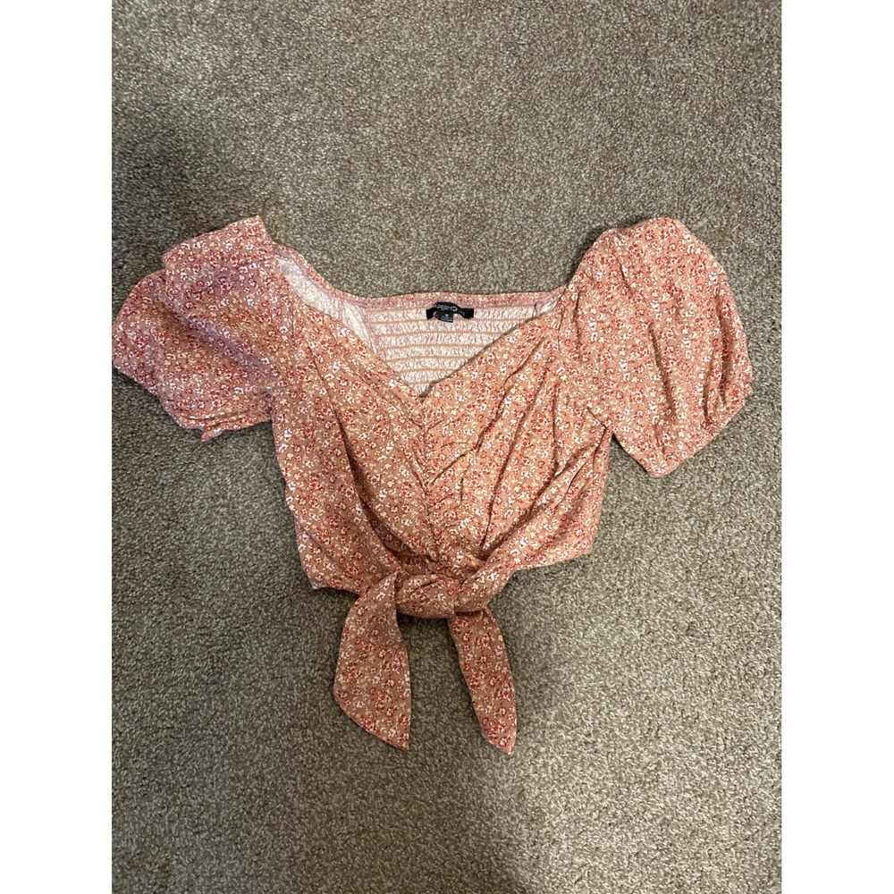 Paper Moon Crop Top Womens Medium Pink Floral Excellent Puff Sleeve Tie Front